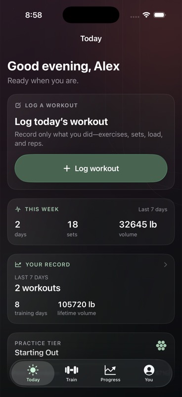 LiftLore Today tab populated with sample training history