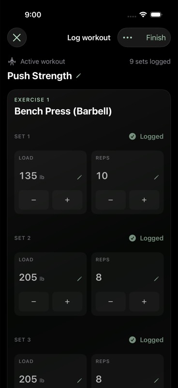 LiftLore workout log with large load and repetition controls